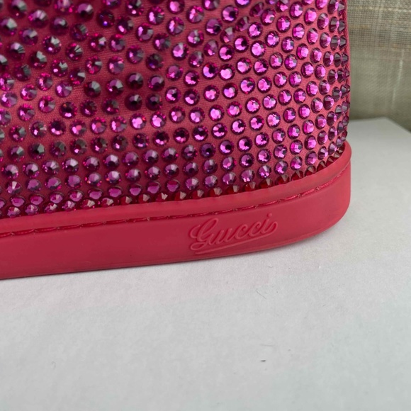 GUCCI PINK FUSCHIA LEATHER FAUX DIAMOND ACCENT LACED HI-CUT SNEAKERS RUBBER 37-7 - Picture 4 of 10